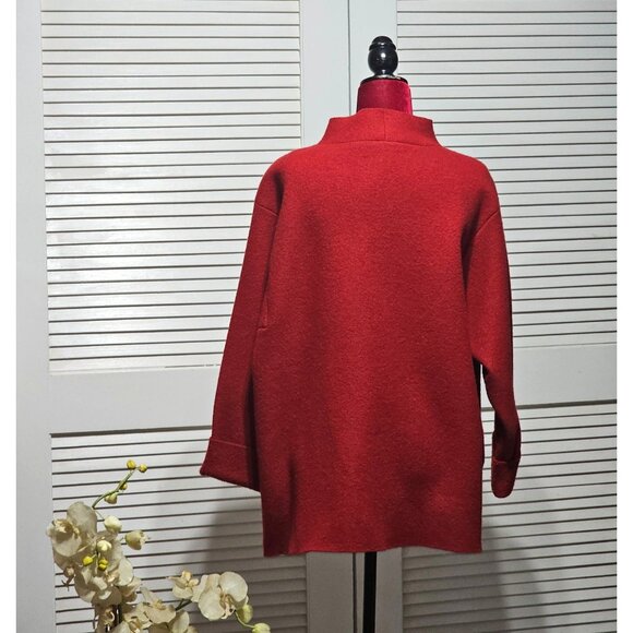 Eileen Fisher Womans Red Wool Cowl Snap Cape Cardigan Oversized Jacket Sz1X 2879 - Picture 5 of 12